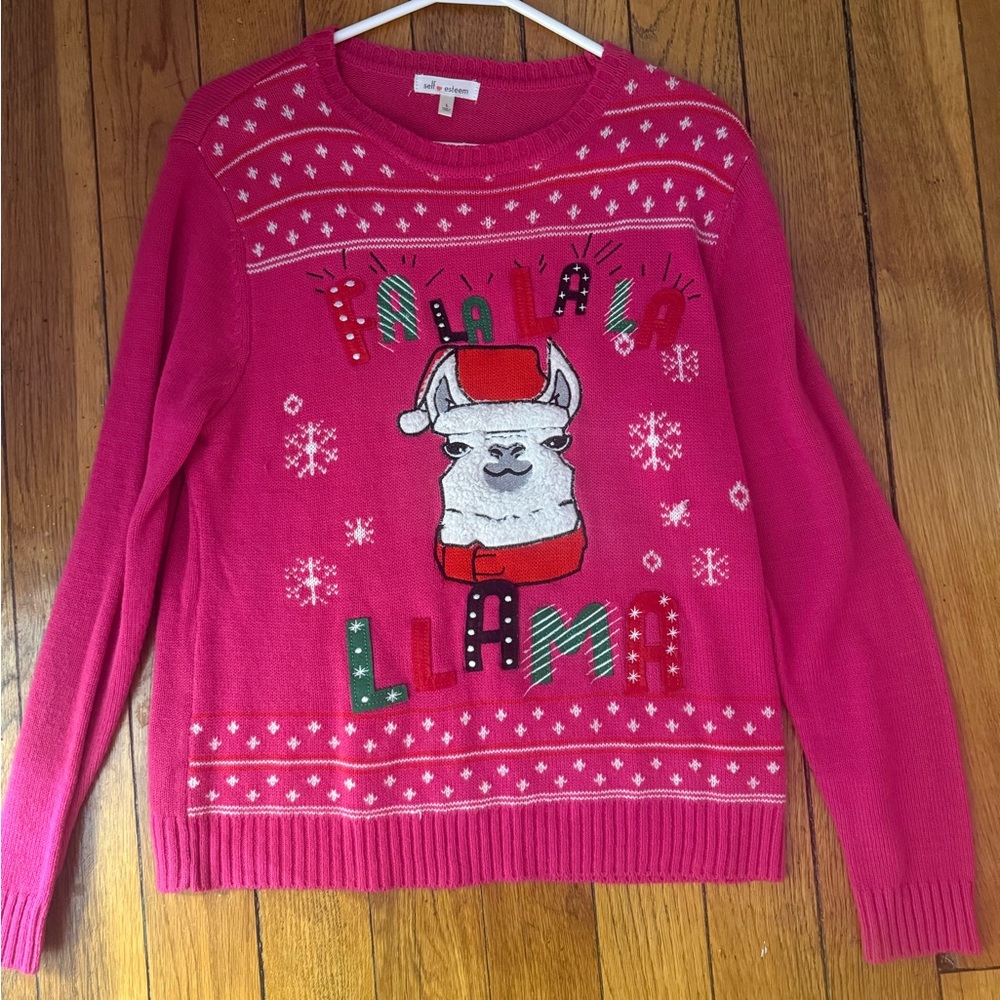 Self Esteem Festive Pink Llama Sweater